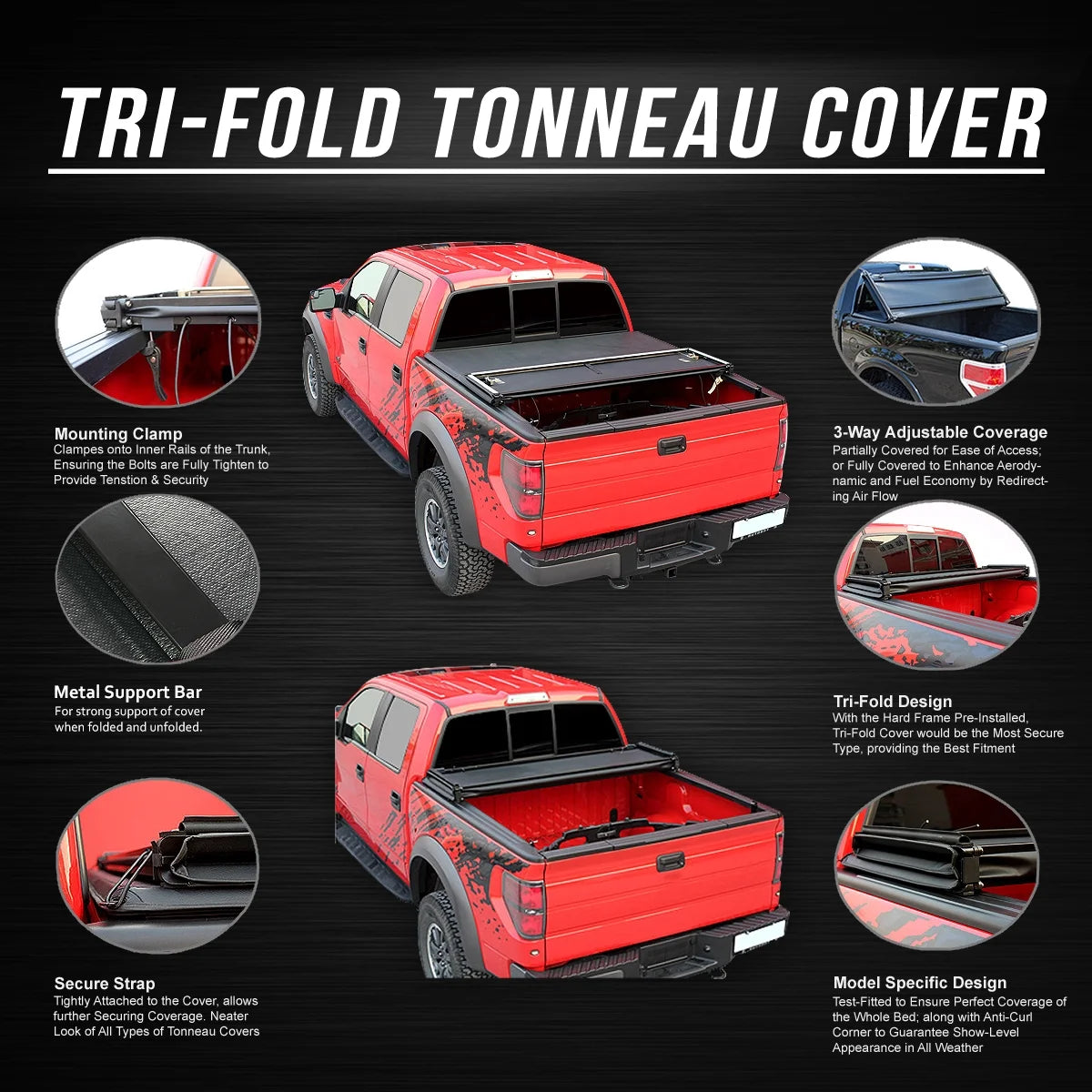 Tri-Fold Soft Top Tonneau Cover for Ford F250 F350 Super Duty 6.5' Bed E446725