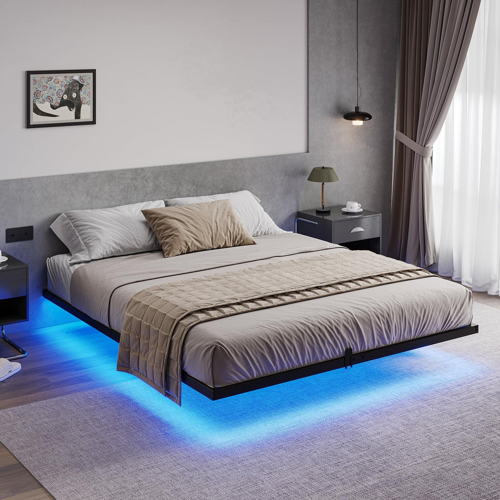 Queen Size Black Metal Platform Bed Frame with LED Lights Z390628