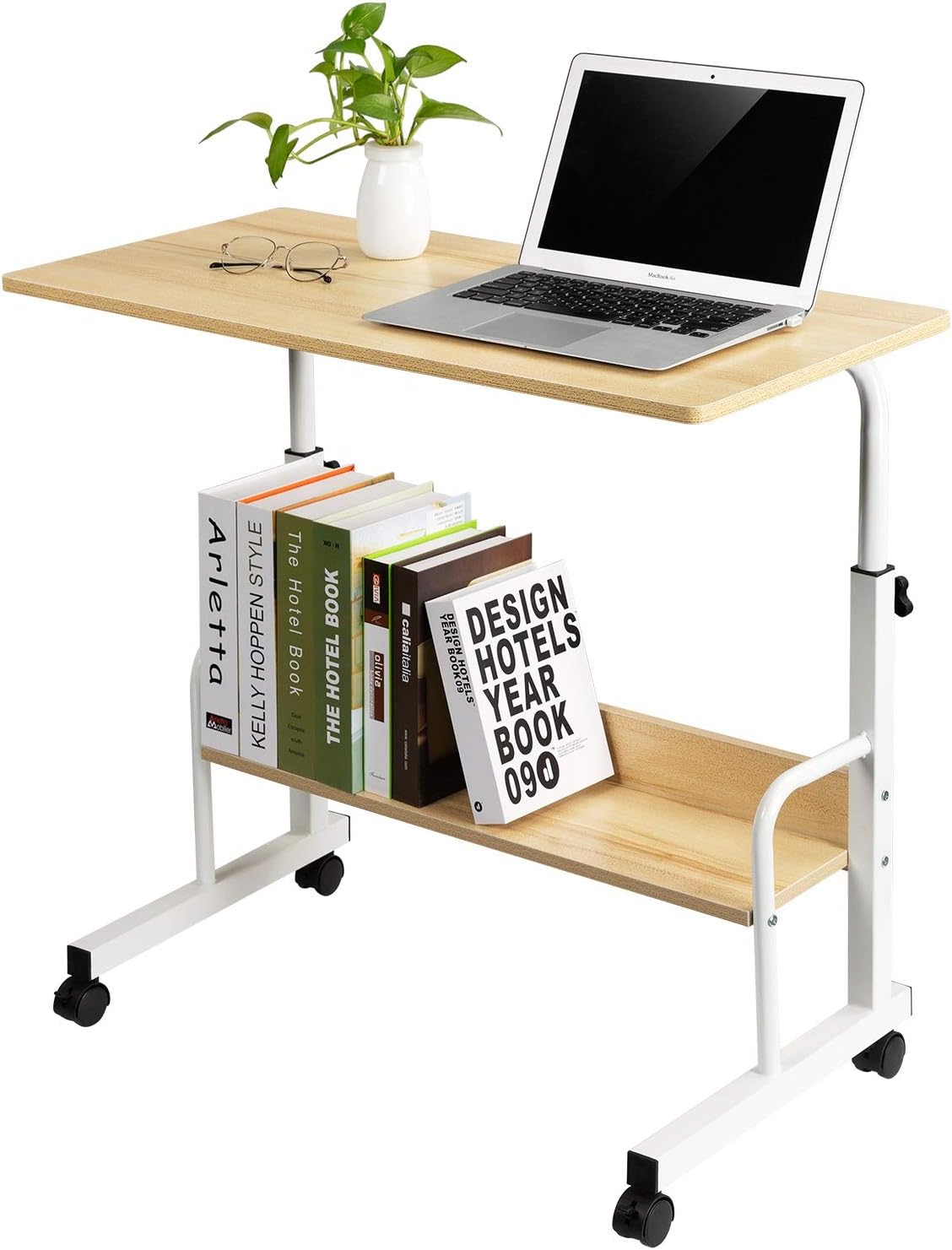 Oak Mobile Side Table Cart with Wheels L25340