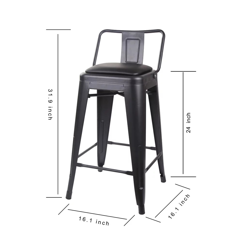 Black 24 inch Low Back Metal Barstool with Vegan Leather Seat, Set of 4 C76465