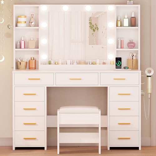 White Vanity Desk with Mirror and Lights 11 Drawers 9 Shelves Vanity Table with Stool N82824