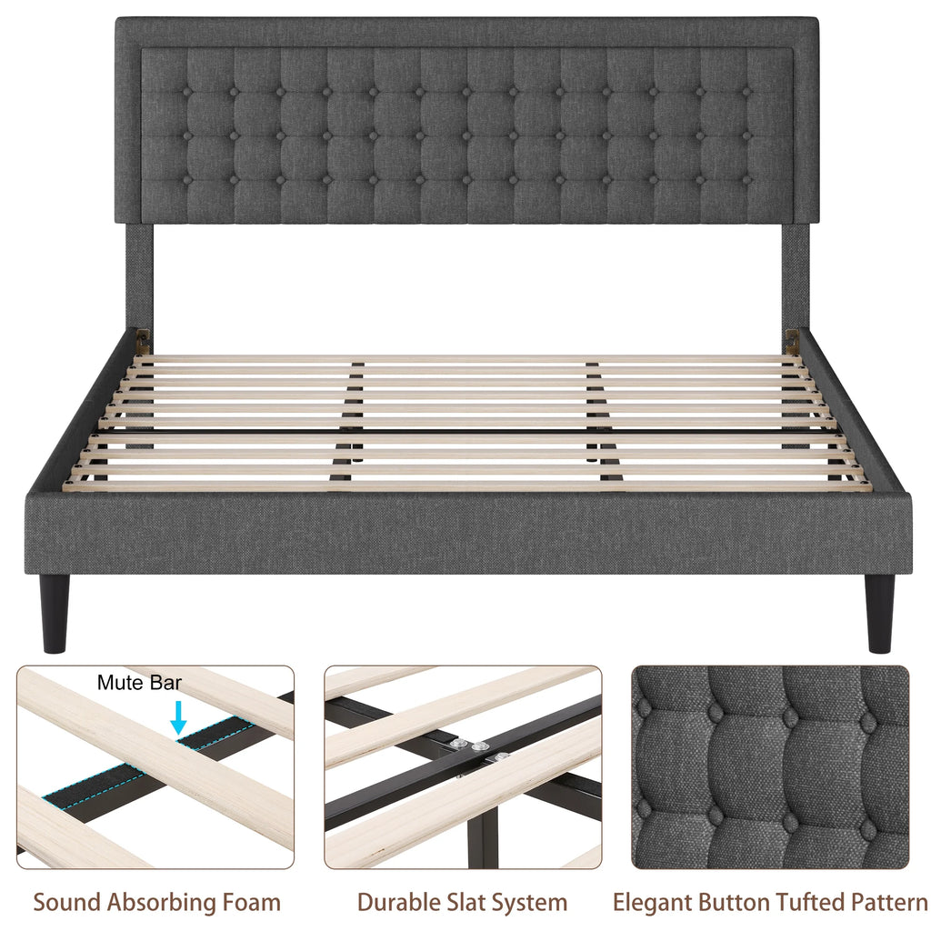 King Size Gray Linen Fabric Bed Frame with Tufted Headboard K173