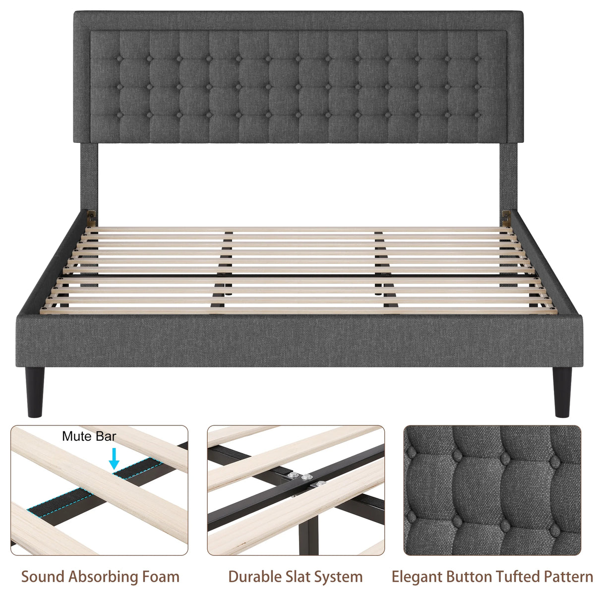 King Size Gray Linen Fabric Bed Frame with Tufted Headboard K173