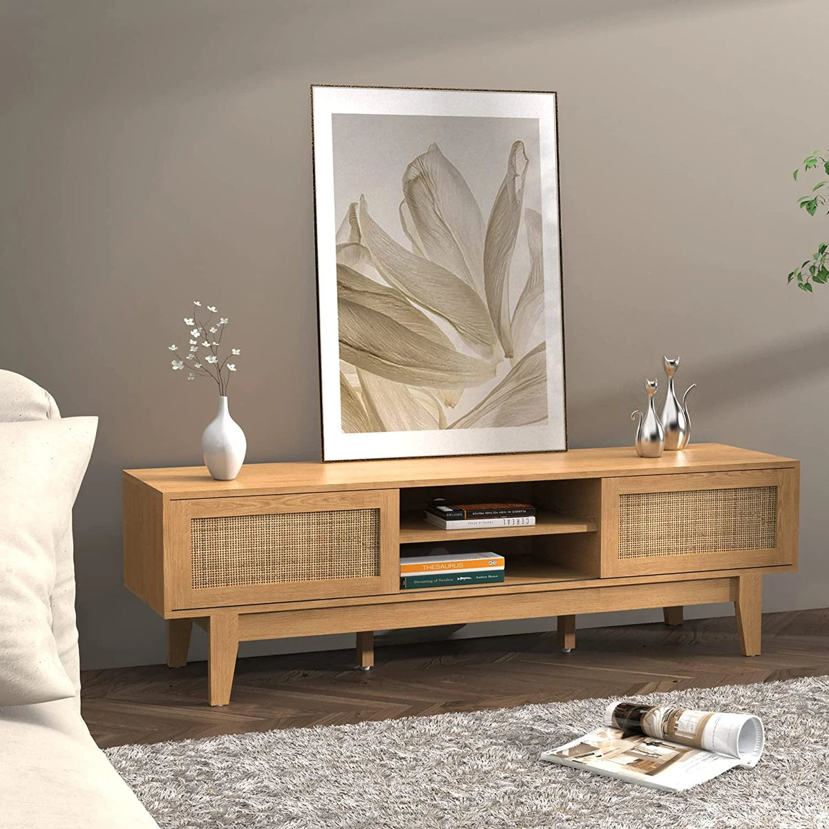 TV Stand with Rattan Sliding Doors for TVs up to 65 Inches M769