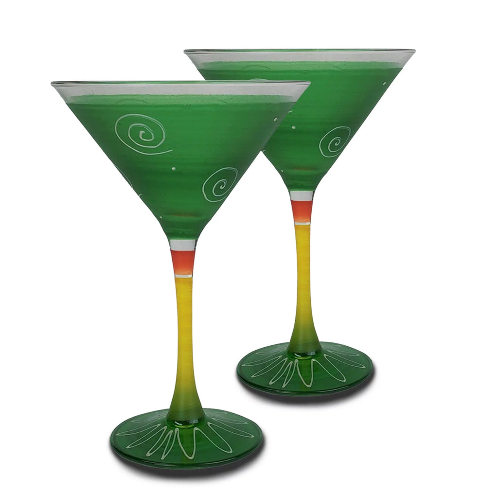 Set of 2 Green and White Hand Painted Wine Glasses 7.5 oz Q213