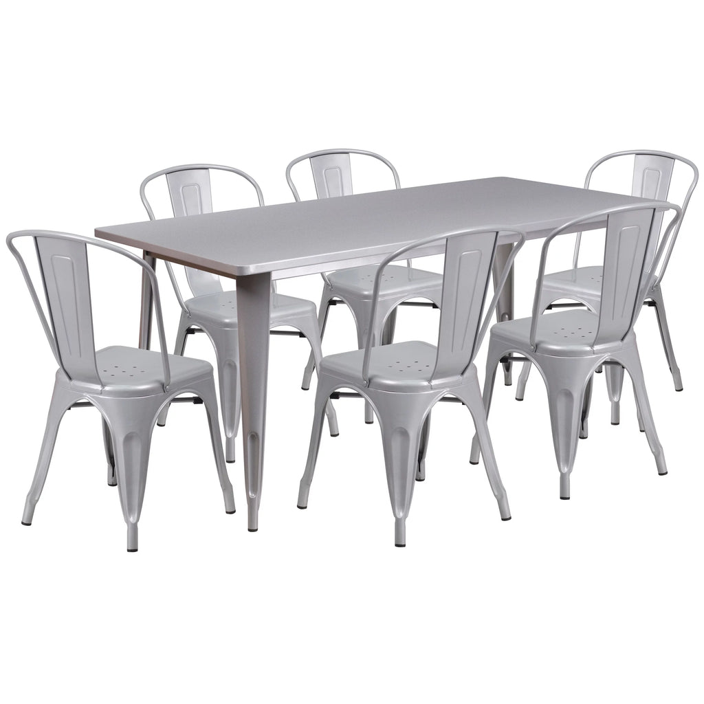 31.5" x 63" Rectangular Silver Metal Indoor-Outdoor Table Set with 6 Stack Chairs M511172