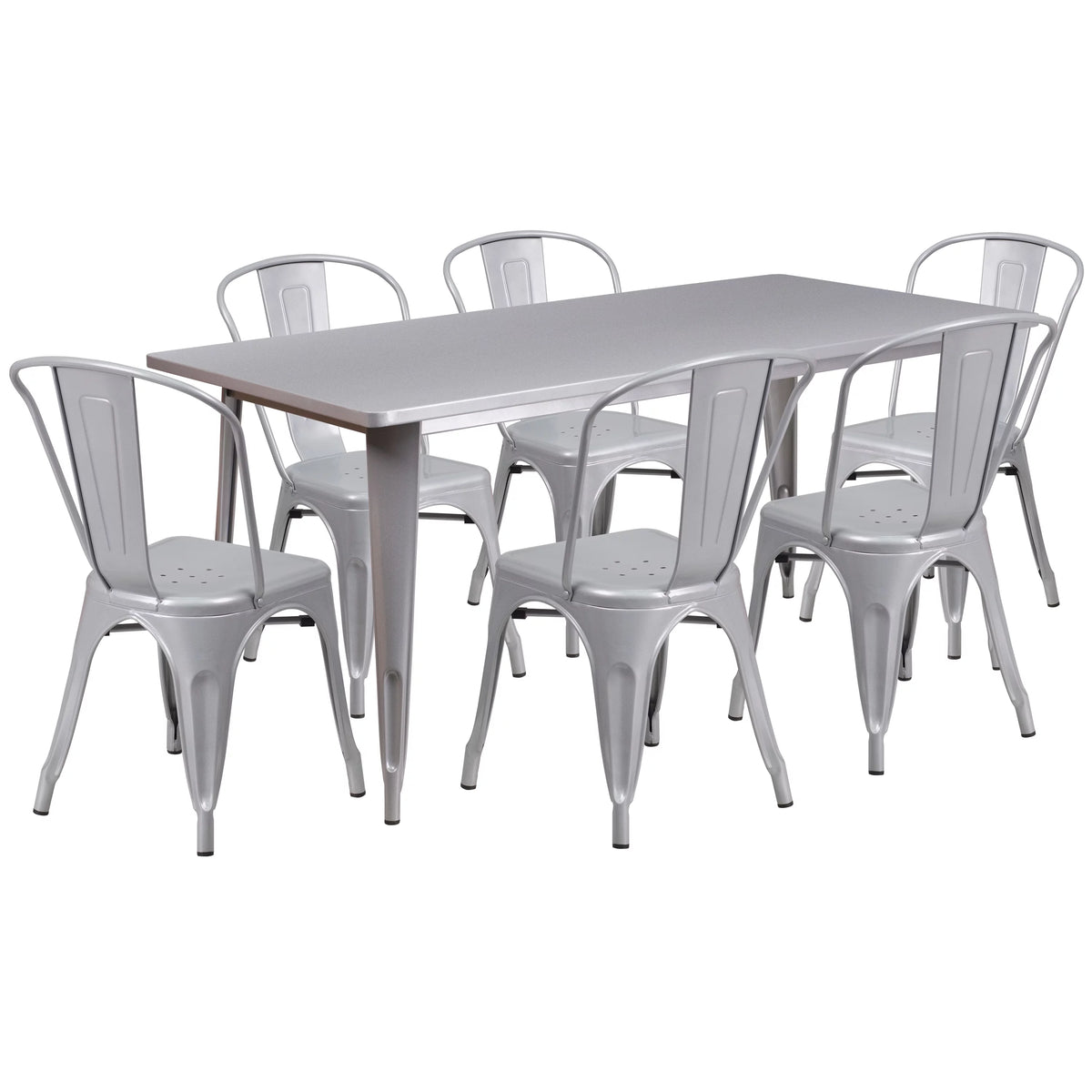 31.5" x 63" Rectangular Silver Metal Indoor-Outdoor Table Set with 6 Stack Chairs M511172