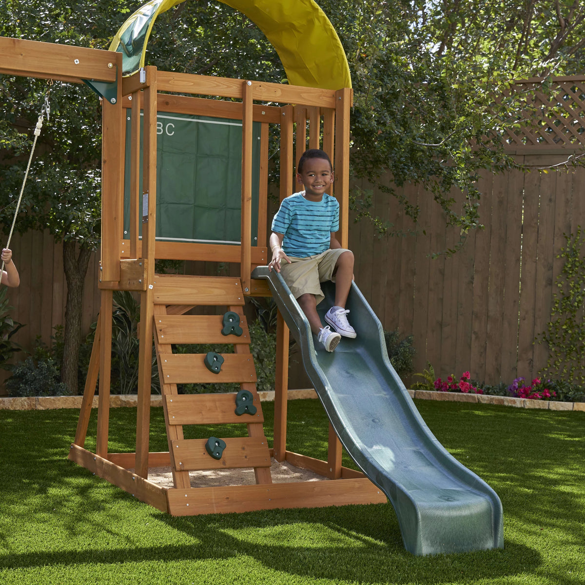Wooden Outdoor Swing Set with Slide and Rock Wall I422892