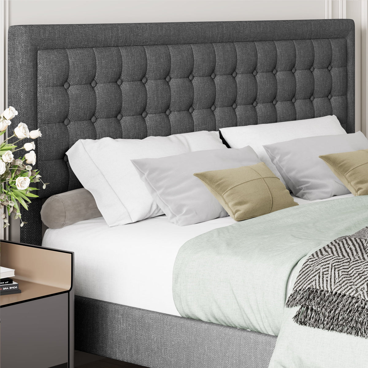 King Size Gray Linen Fabric Bed Frame with Tufted Headboard K173