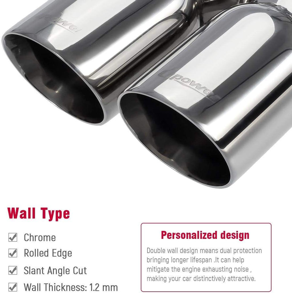 Dual Exhaust Tip 3 Inch Inlet 3" Outlet 9.5" Long Double Wall Polished Stainless Steel Pack of 2 Q319975