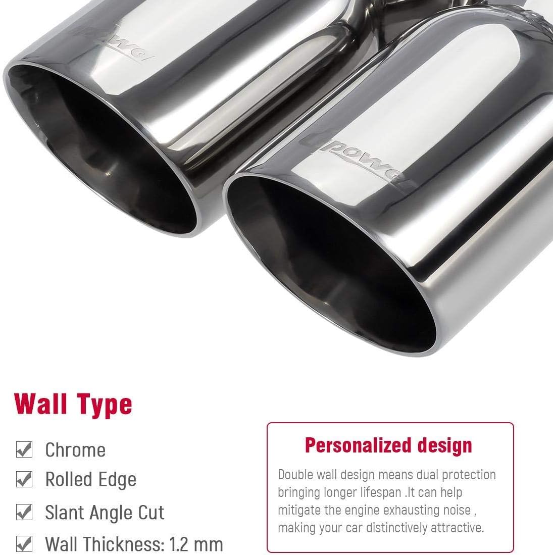 Dual Exhaust Tip 3 Inch Inlet 3" Outlet 9.5" Long Double Wall Polished Stainless Steel Pack of 2 Q319975