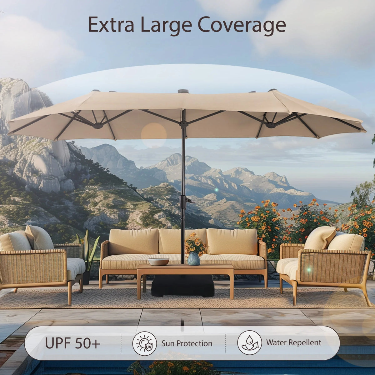 13x6.5ft Double-Sided Outdoor Patio Umbrella with Crank Handle, Beige A688