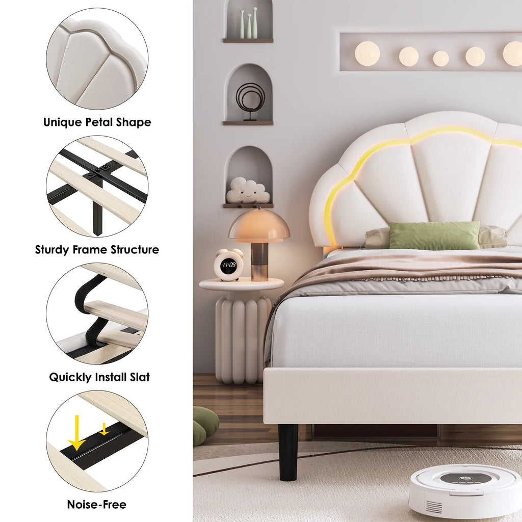 Twin Size Off-White Velvet Upholstered Platform Bed with Adjustable Headboard X814