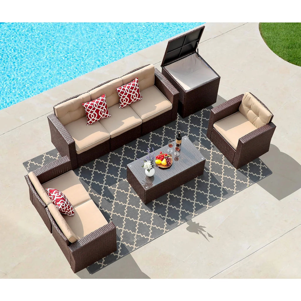 8 Pc Wicker Rattan Outdoor Furniture Set with Storage Box U27558