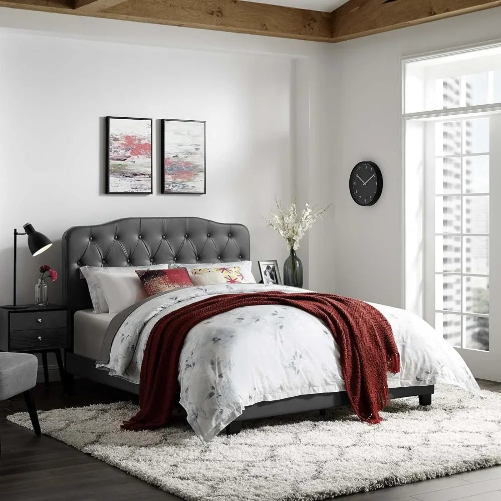 Full Platform Bed with Tufted Faux Leather Upholstered Frame F760