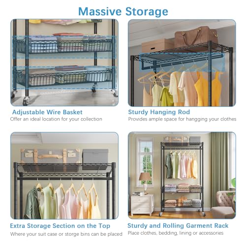White Rolling Garment Rack with Basket C3502