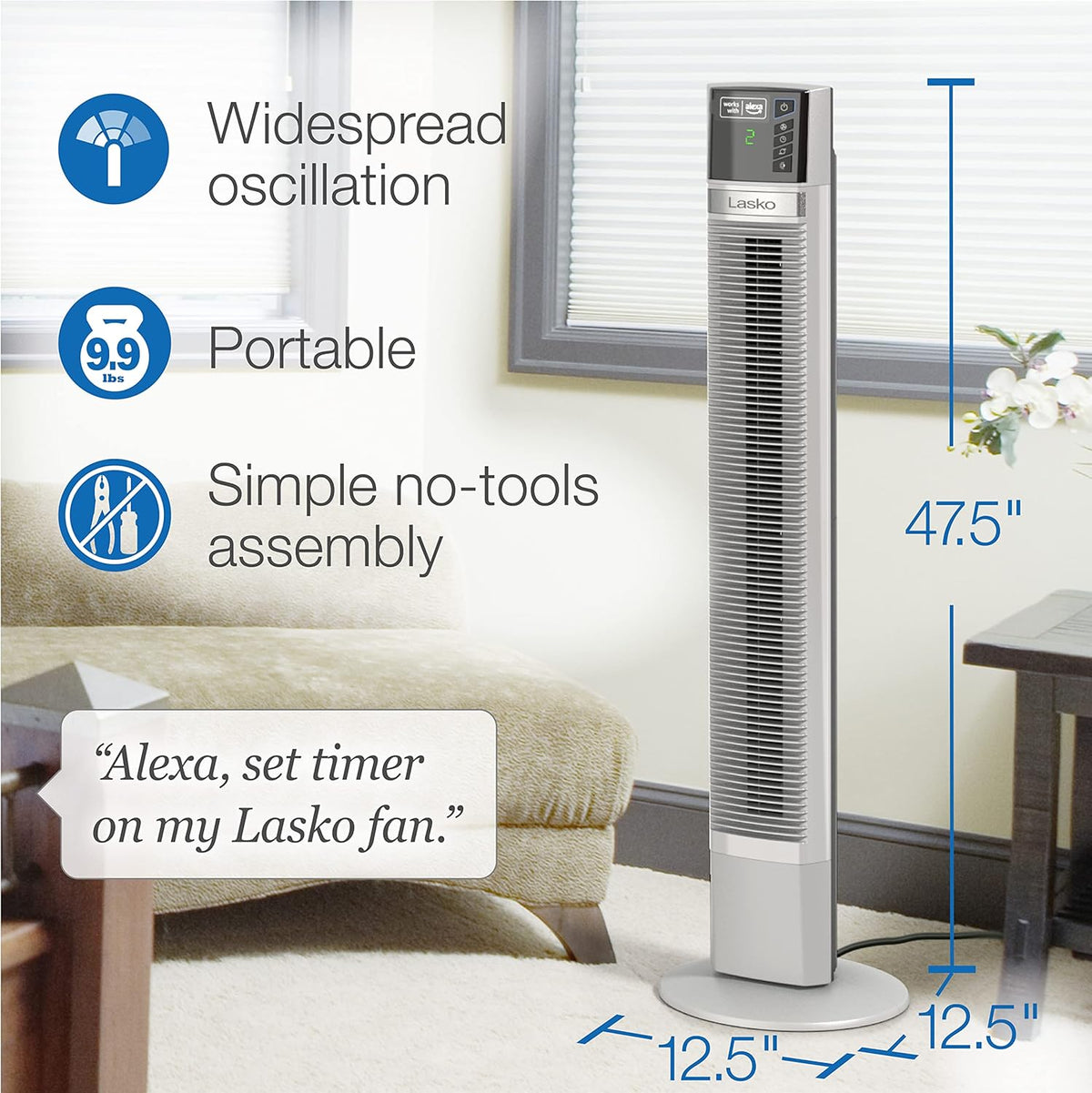 White 48” Oscillating 4-Speed Tower Fan with Timer W63091
