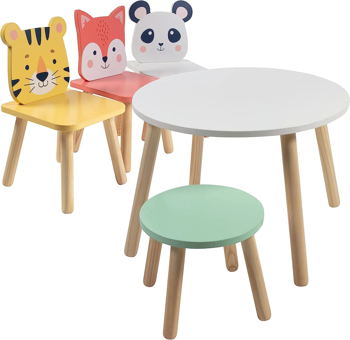 Kids Animal Table & Chair Set with 3 Toddler Seats & Adult Stool A597598