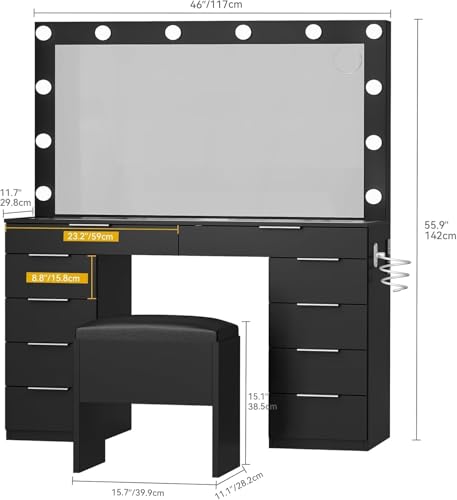 Cream White 10 Drawer Glass Top Vanity Desk with LED Mirror and Chair O488992