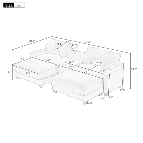 Beige Sectional Sofa with 2 Removable Ottoman K18265