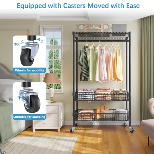 White Rolling Garment Rack with Basket C3502