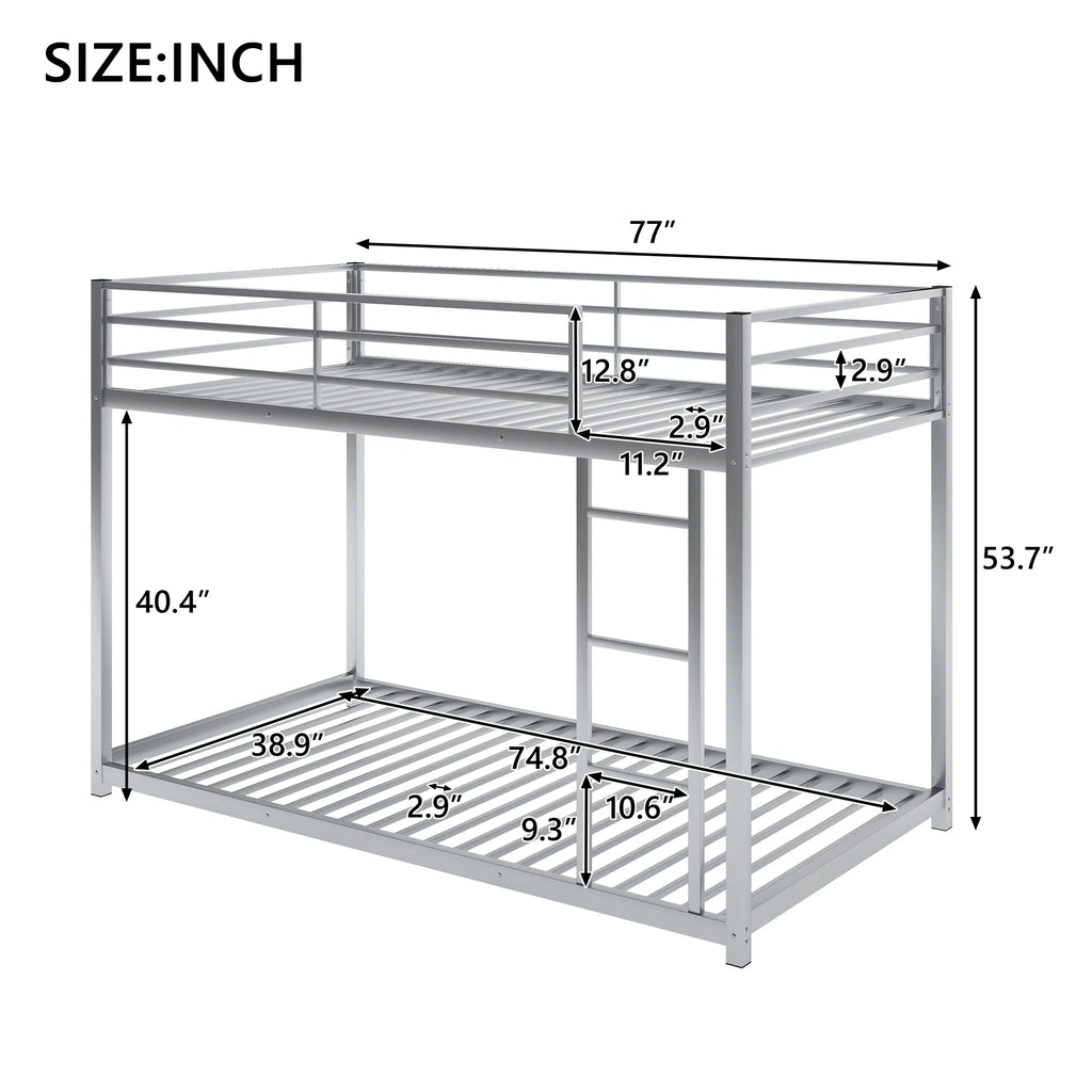 Metal Twin over Twin Low Bunk Bed with Ladder and Safety Guardrails I591