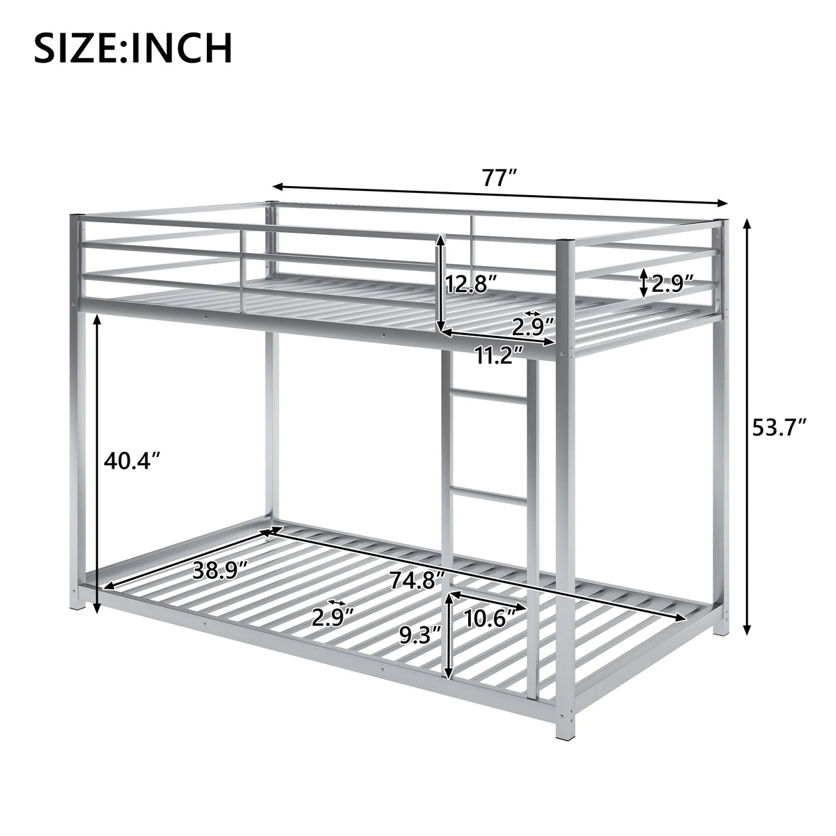 Metal Twin over Twin Low Bunk Bed with Ladder and Safety Guardrails I591