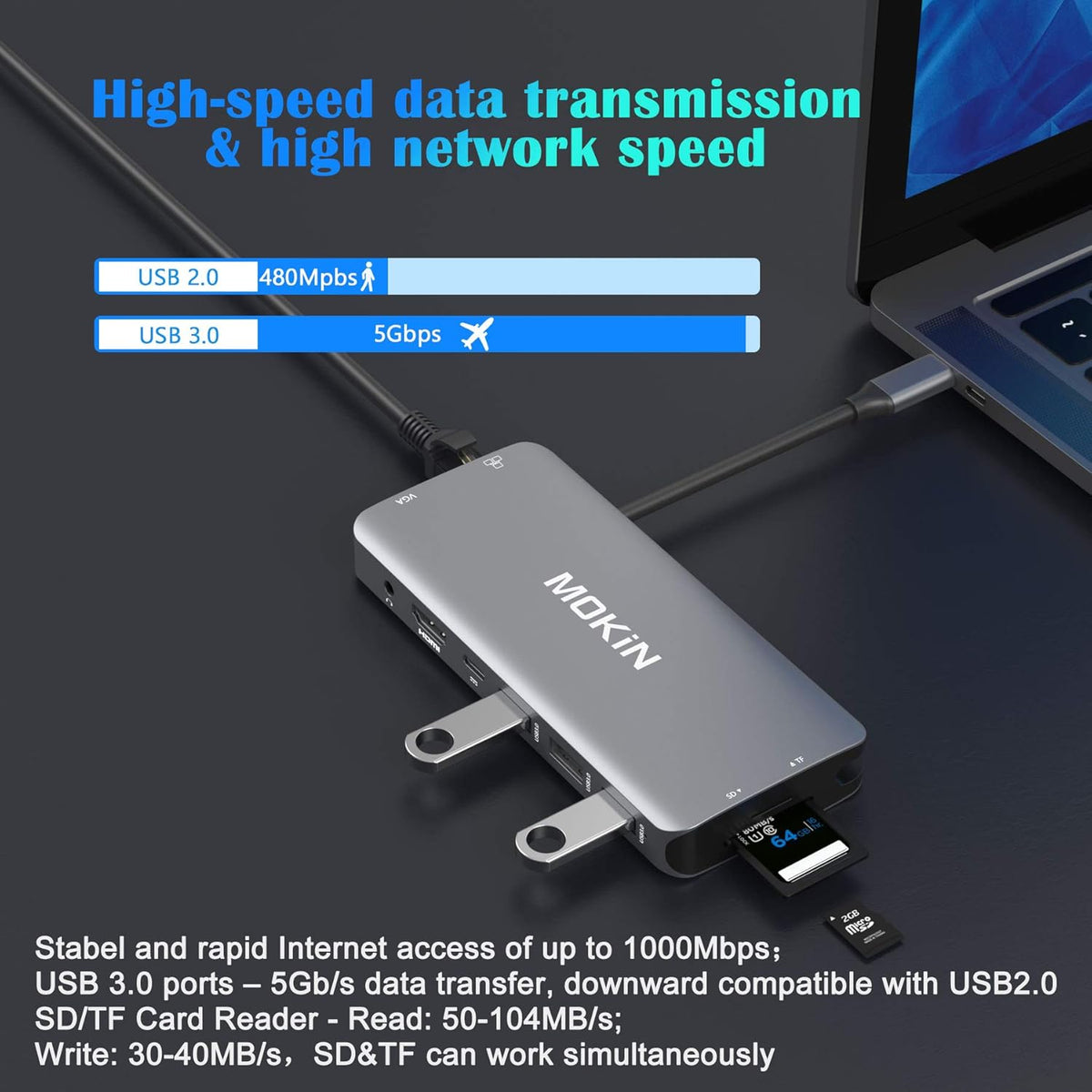 USB C Hub Multiport Adapter 10 in 1 with 4K HDMI, VGA, Ethernet, 3 USB Ports, PD Charger, SD/Micro SD Card Reader A826