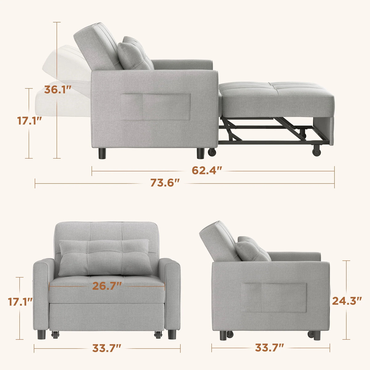 Light Gray Convertible Sofa Bed S7557