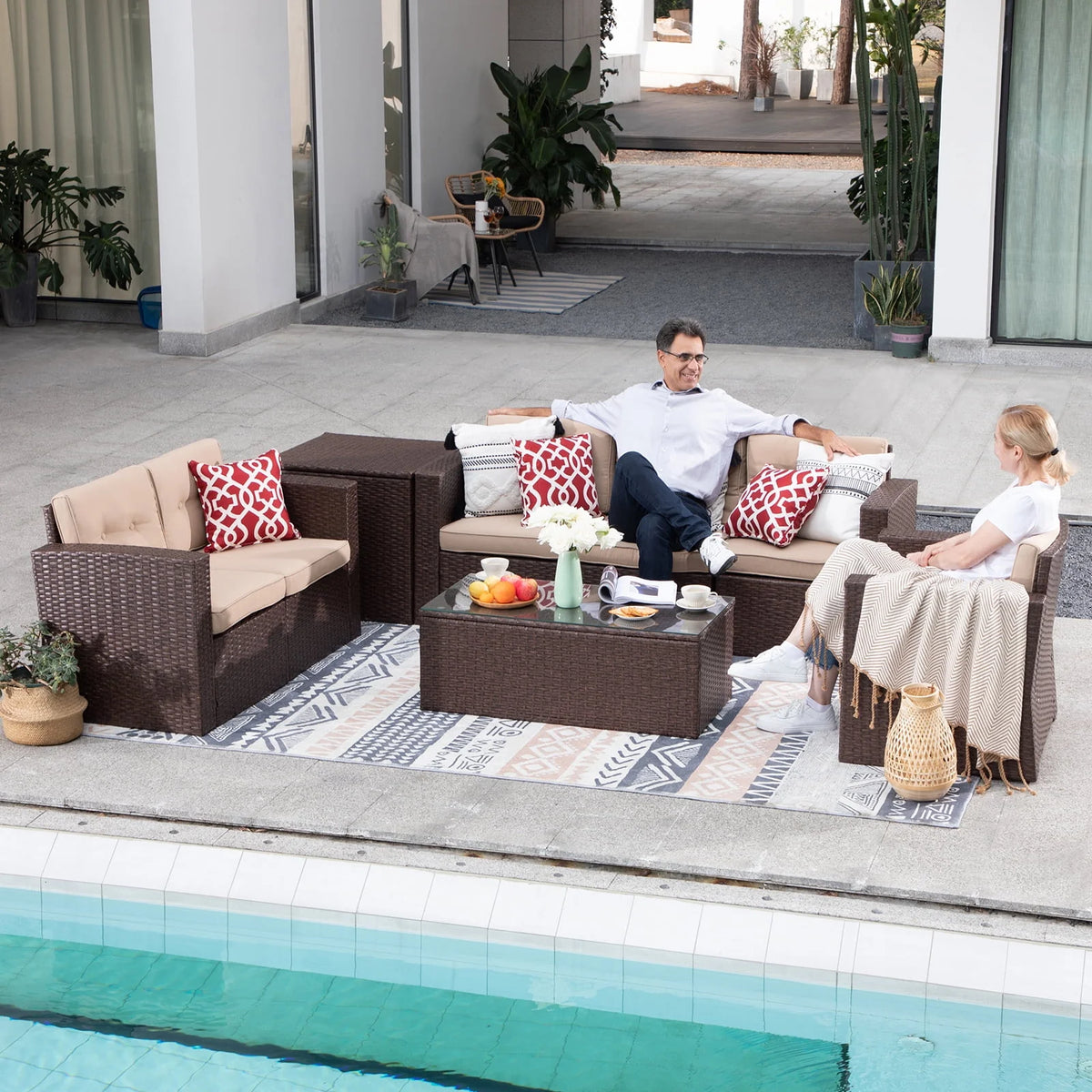 8 Pc Wicker Rattan Outdoor Furniture Set with Storage Box U27558
