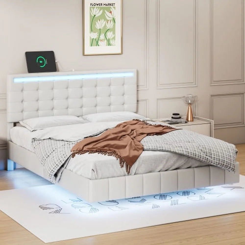 Full Size Black Upholstered Platform Bed Frame with LED Lights H568