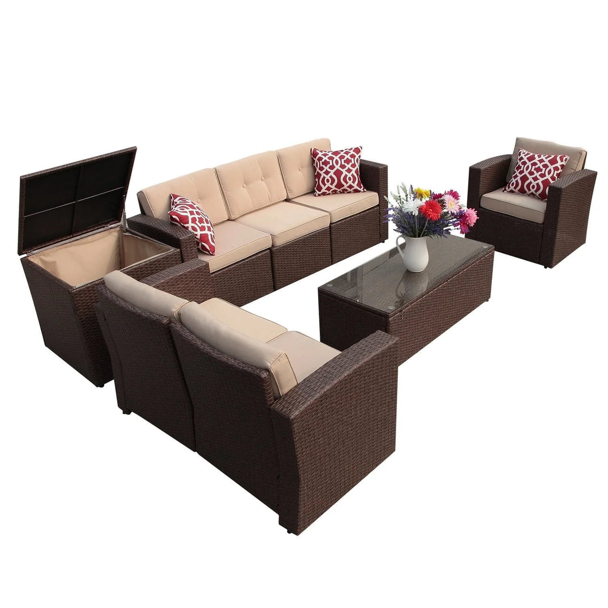 8 Pc Wicker Rattan Outdoor Furniture Set with Storage Box U27558