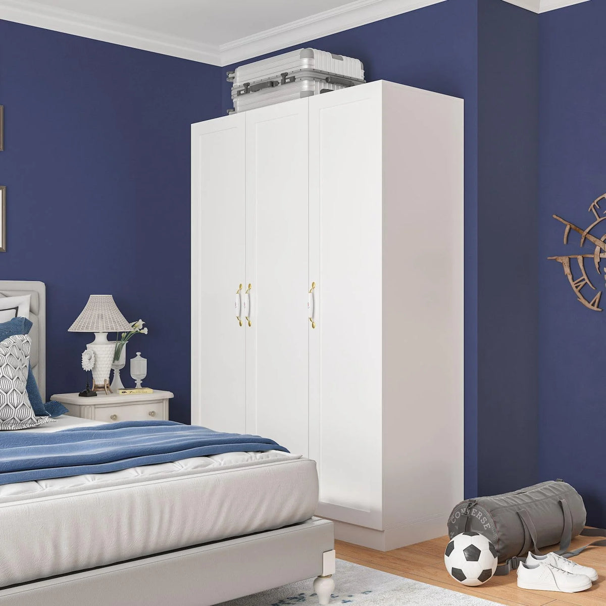 White 3 Door Wardrobe Closet with Shelves X93118