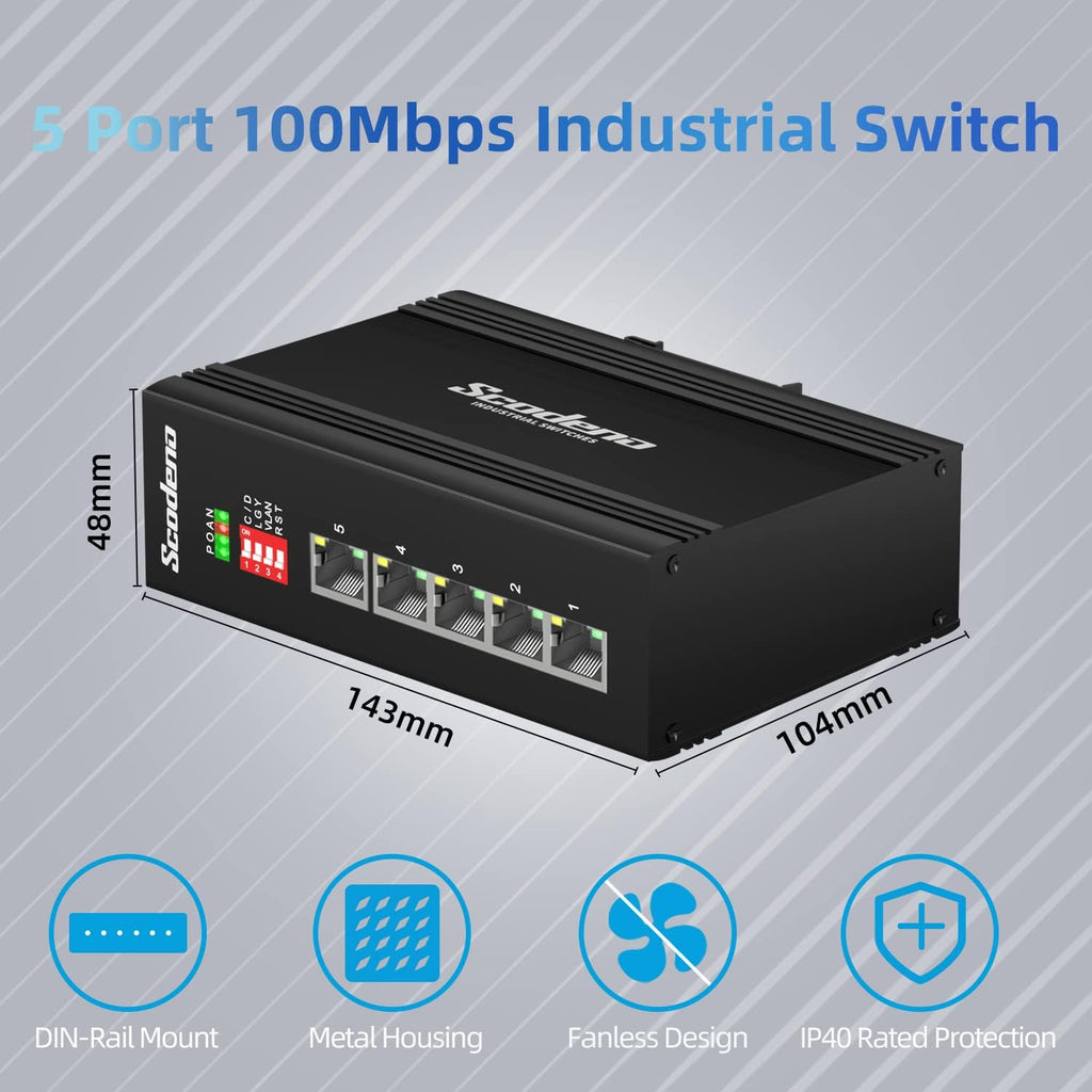 5 Port Industrial Ethernet Switch, DIN-Rail Mount, IP40, Metal Housing, Pack of 2 W1640
