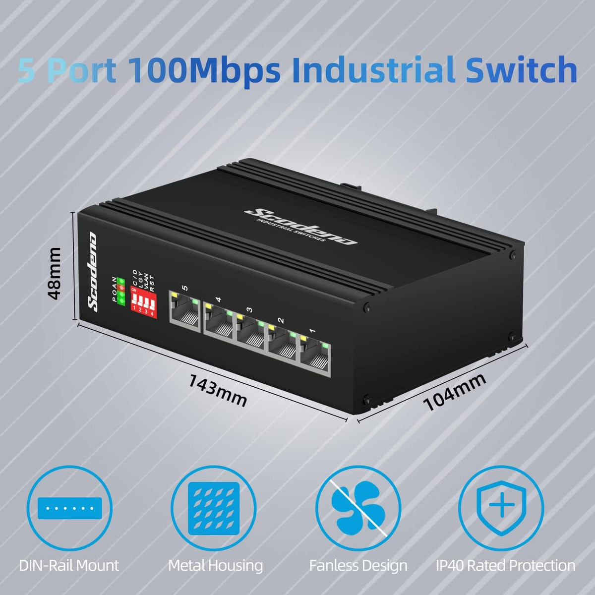 5 Port Industrial Ethernet Switch, DIN-Rail Mount, IP40, Metal Housing, Pack of 2 W1640