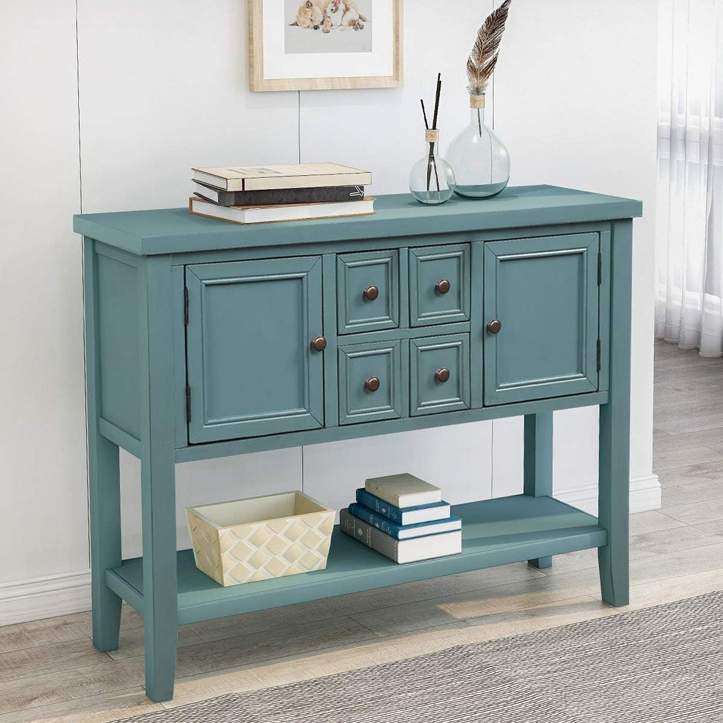 Blue Console Sofa Table with Storage Drawers Cabinets and Bottom Shelf M313