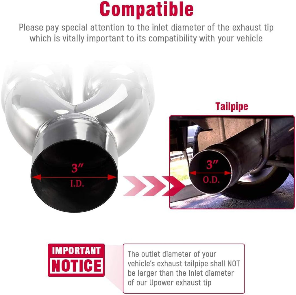 Dual Exhaust Tip 3 Inch Inlet 3" Outlet 9.5" Long Double Wall Polished Stainless Steel Pack of 2 Q319975