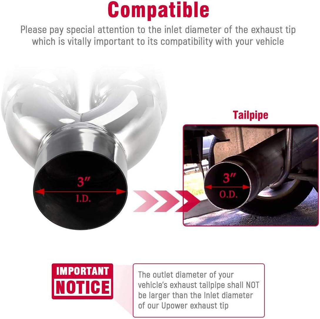Dual Exhaust Tip 3 Inch Inlet 3" Outlet 9.5" Long Double Wall Polished Stainless Steel Pack of 2 Q319975