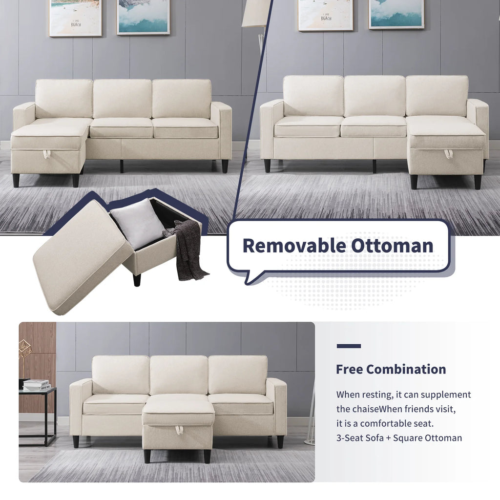 Beige Convertible Sectional Sofa Couch with Storage Ottoman O210