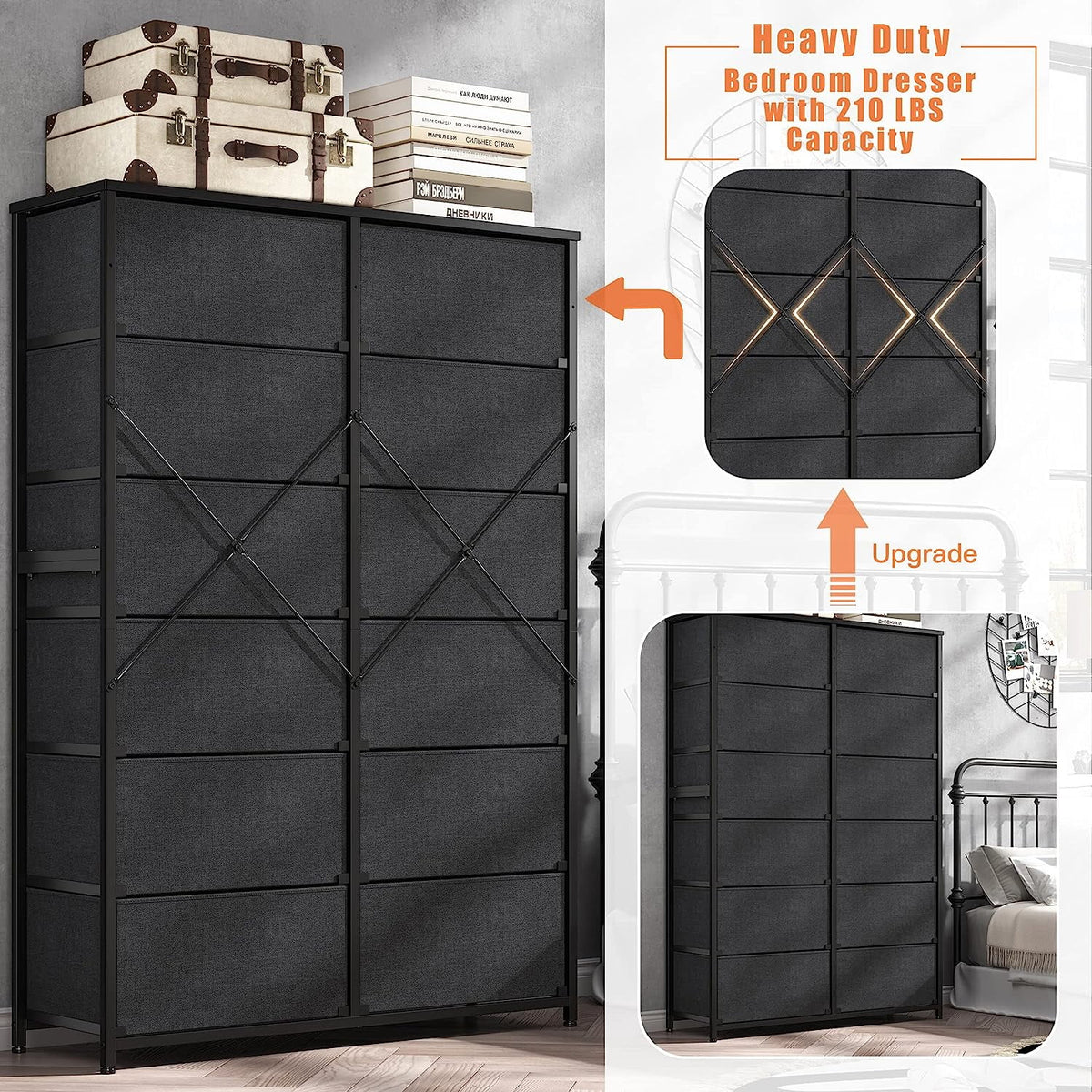 Black 12 Drawer Fabric Dresser D8972