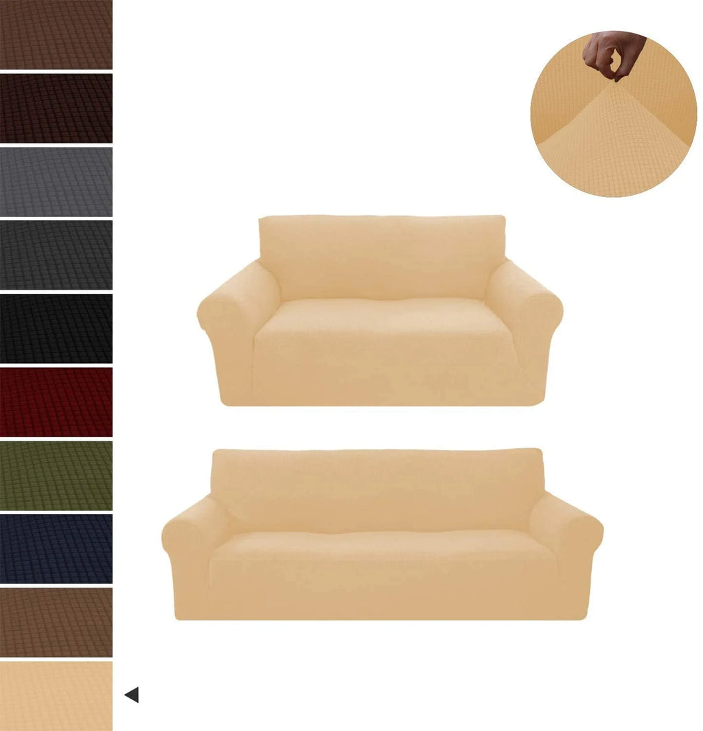 Beige/Cream 2-Piece Brushed Polyester Spandex SlipCover Set for Sofa Loveseat Couch W74116