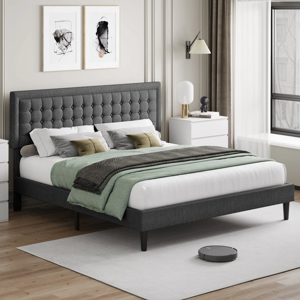 King Size Gray Linen Fabric Bed Frame with Tufted Headboard K173