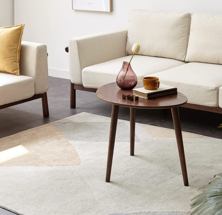 Solid Oak Wood Coffee Table with Pebble Shape, Natural Walnut Wooden Table W459515