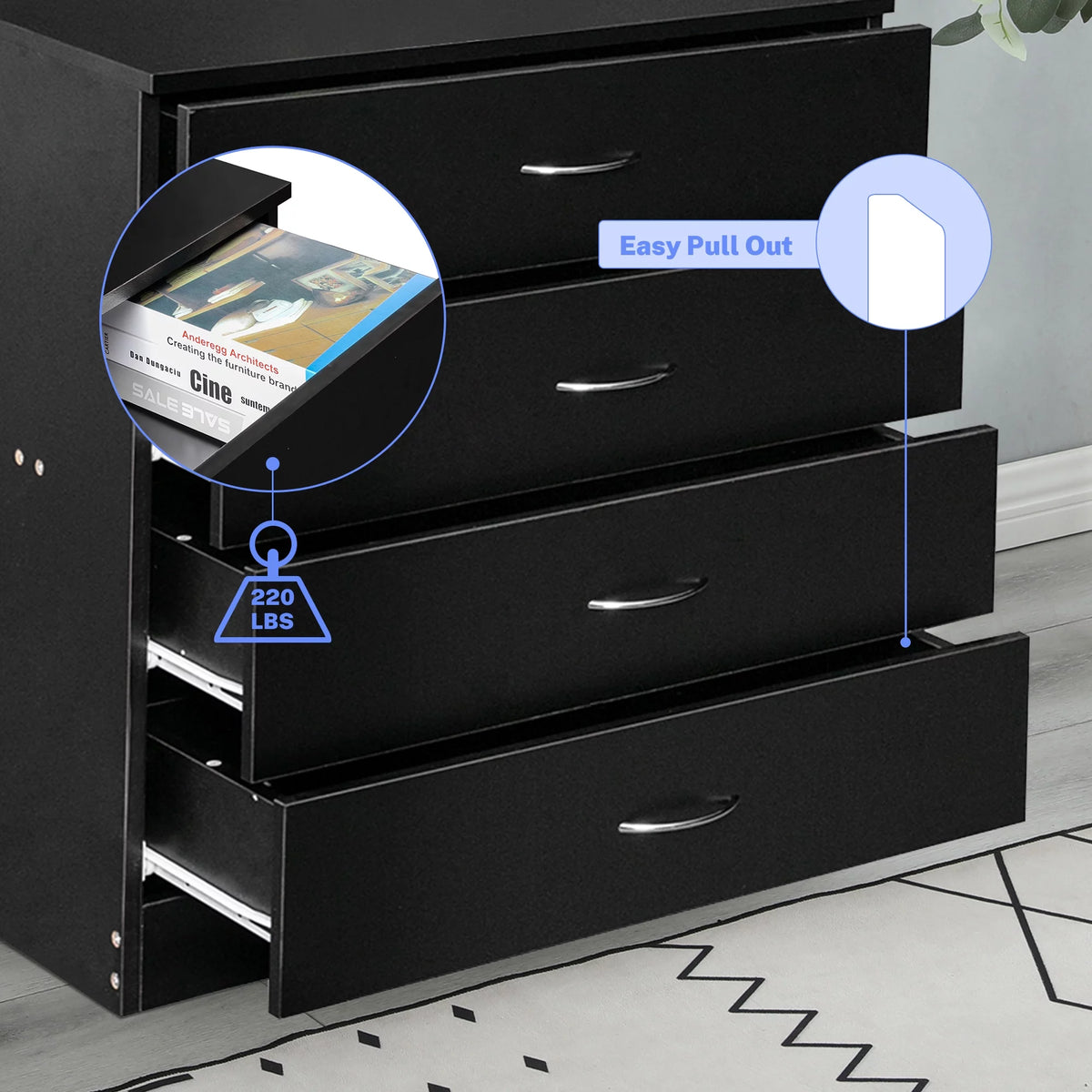 Black 4 Drawer Wood Dresser T5707