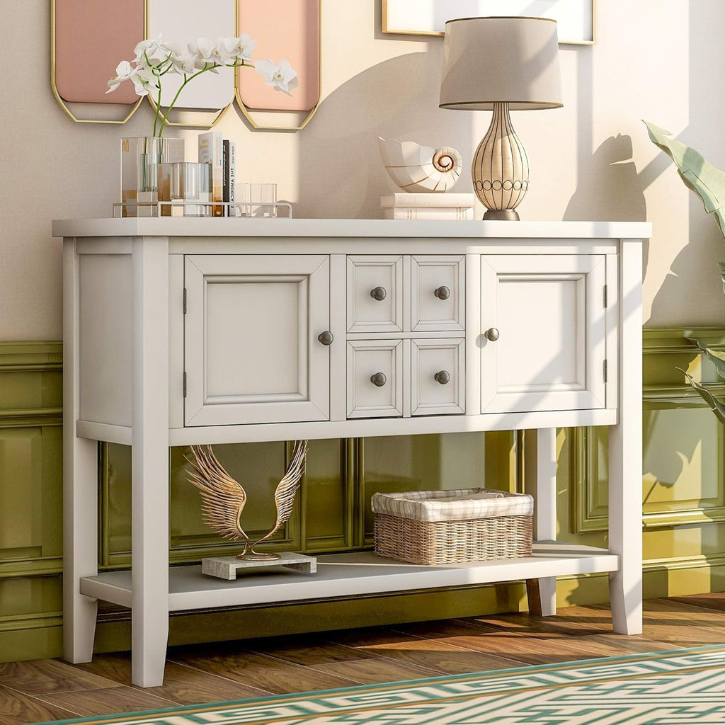 Blue Console Sofa Table with Storage Drawers Cabinets and Bottom Shelf M313