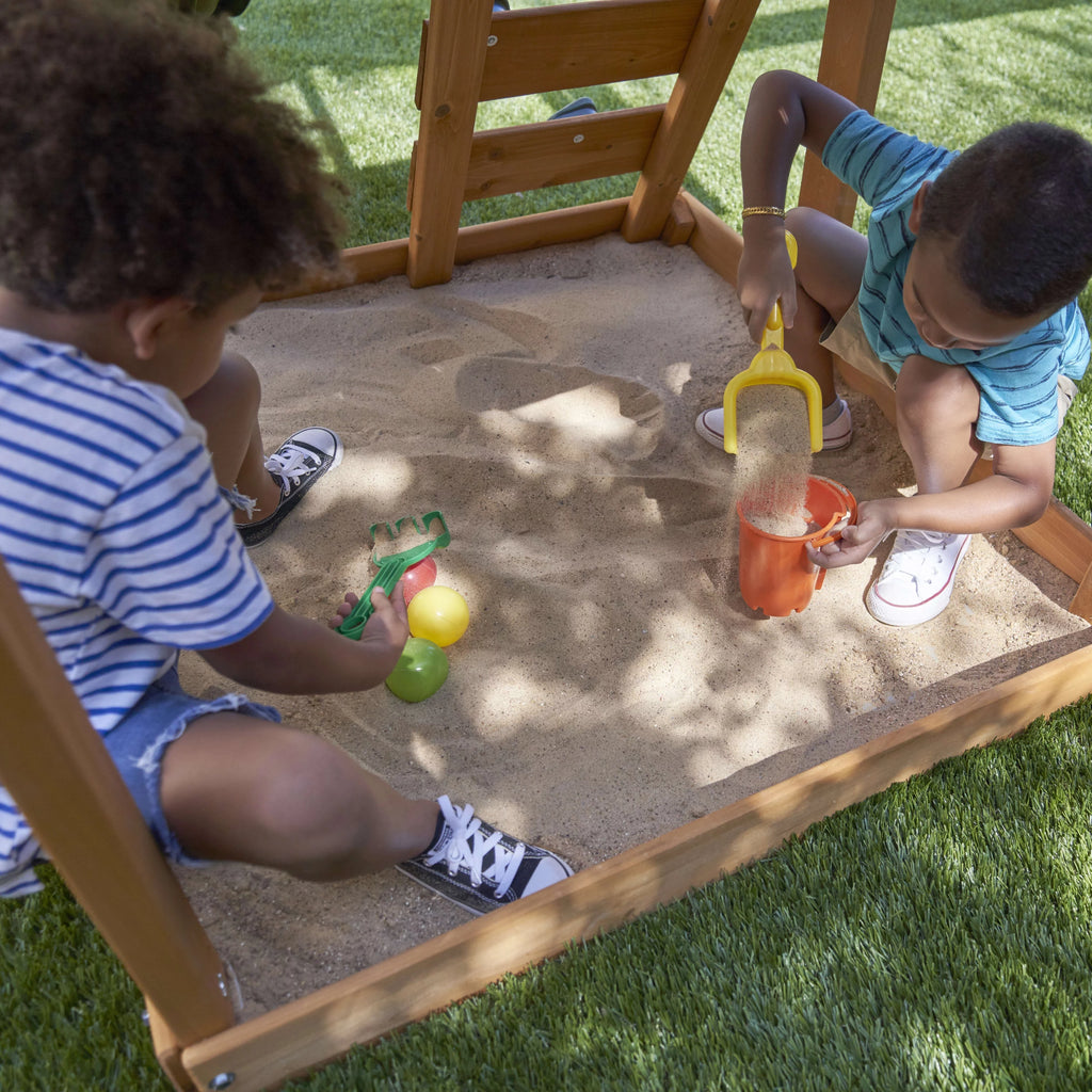 Wooden Outdoor Swing Set with Slide and Rock Wall I422892