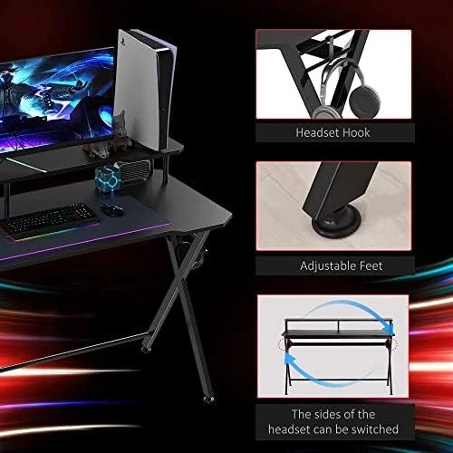 55 Inch Black Gaming Desk with Monitor Stand L177