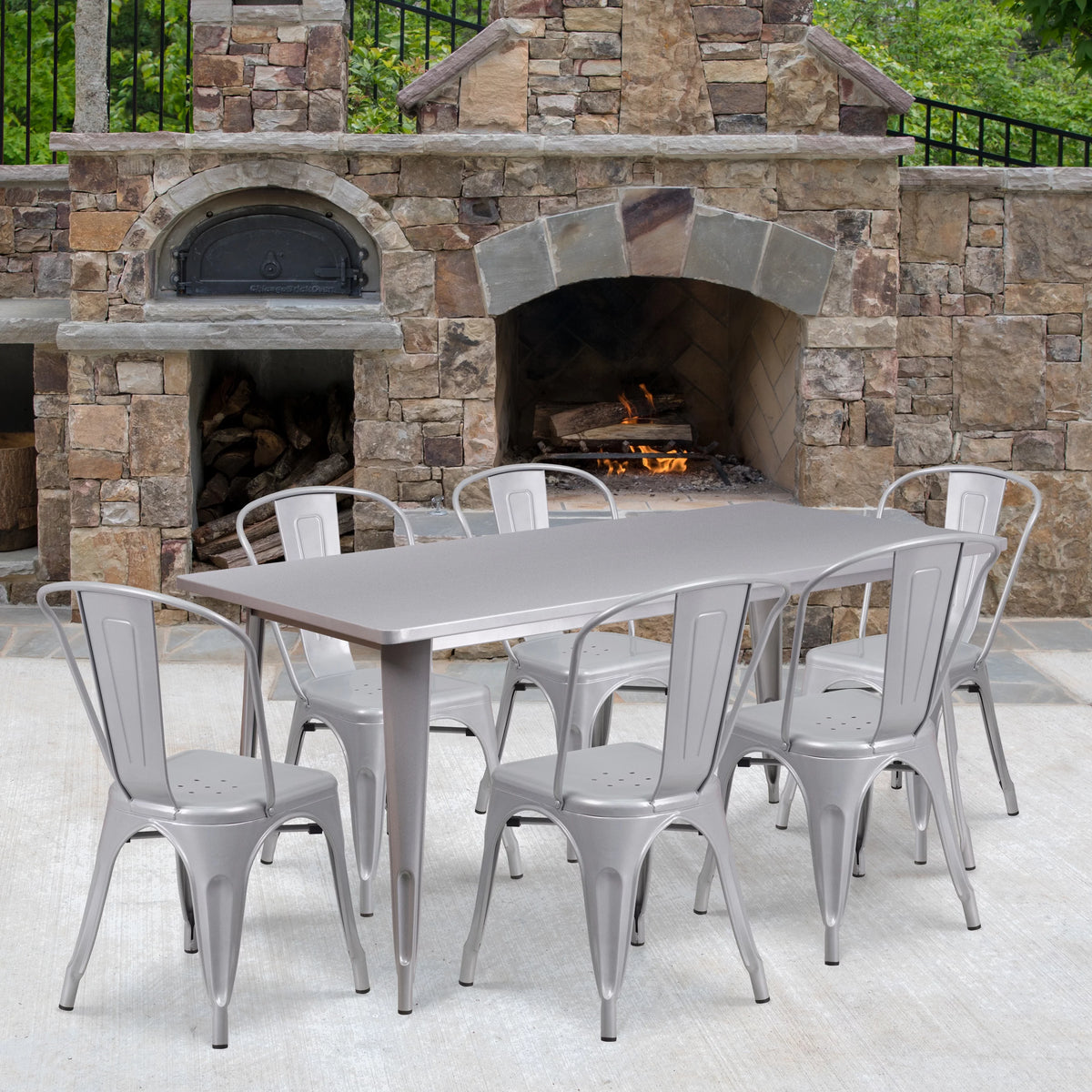 31.5" x 63" Rectangular Silver Metal Indoor-Outdoor Table Set with 6 Stack Chairs M511172