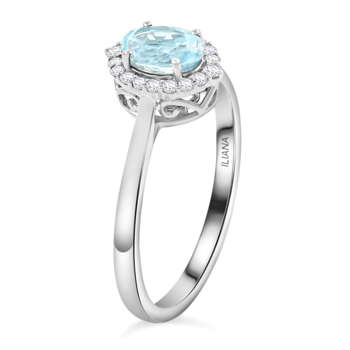 Oval Blue Aquamarine White Diamond 18K White Gold Halo Ring Size 7 Ct 0.85 G-H Color Si1 Clarity J66234
