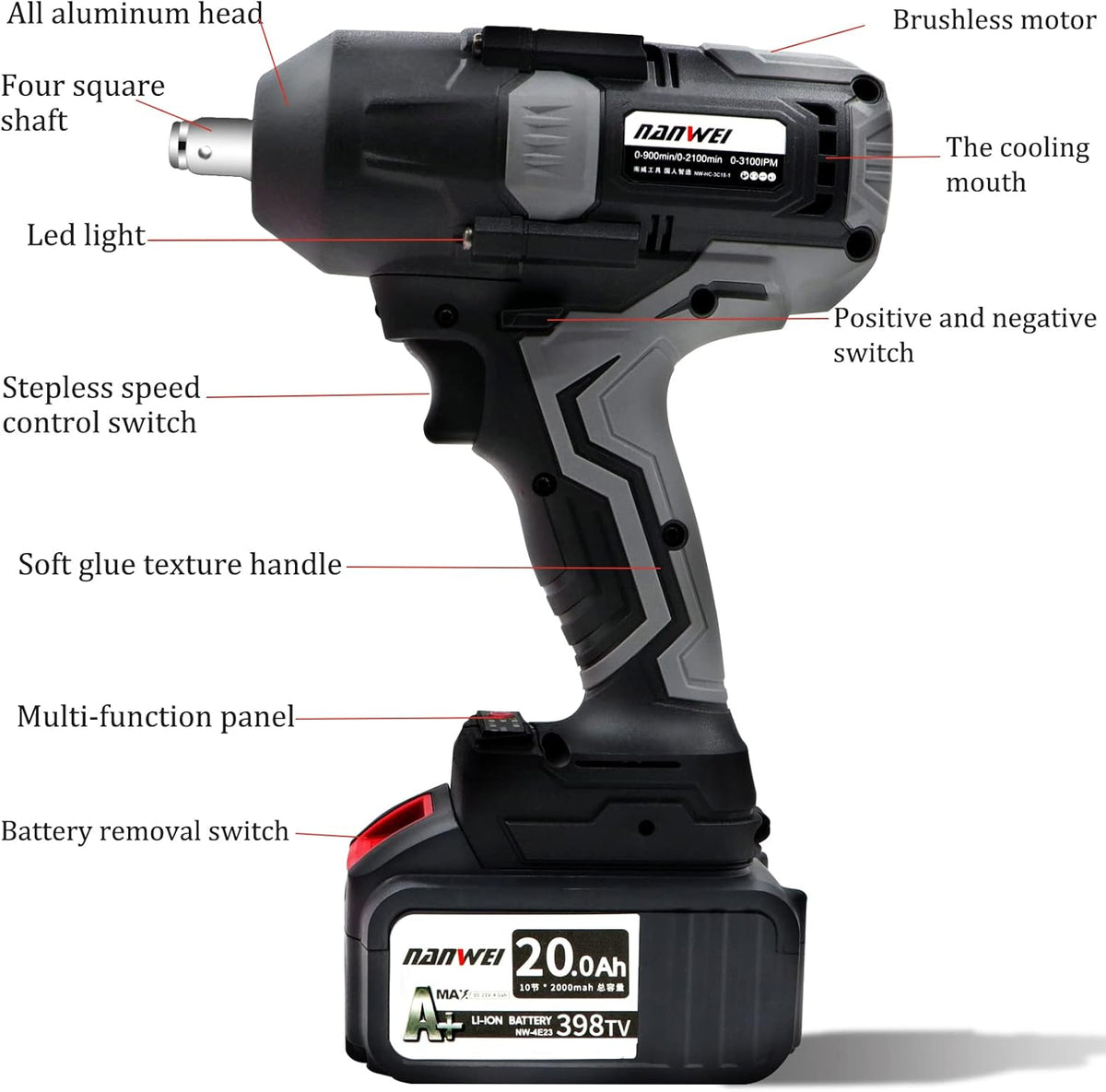 1/2-inch Brushless Impact Wrench with Detent Pin Anvil, 2 Battery 4.0A Li-ion, 600N W7351